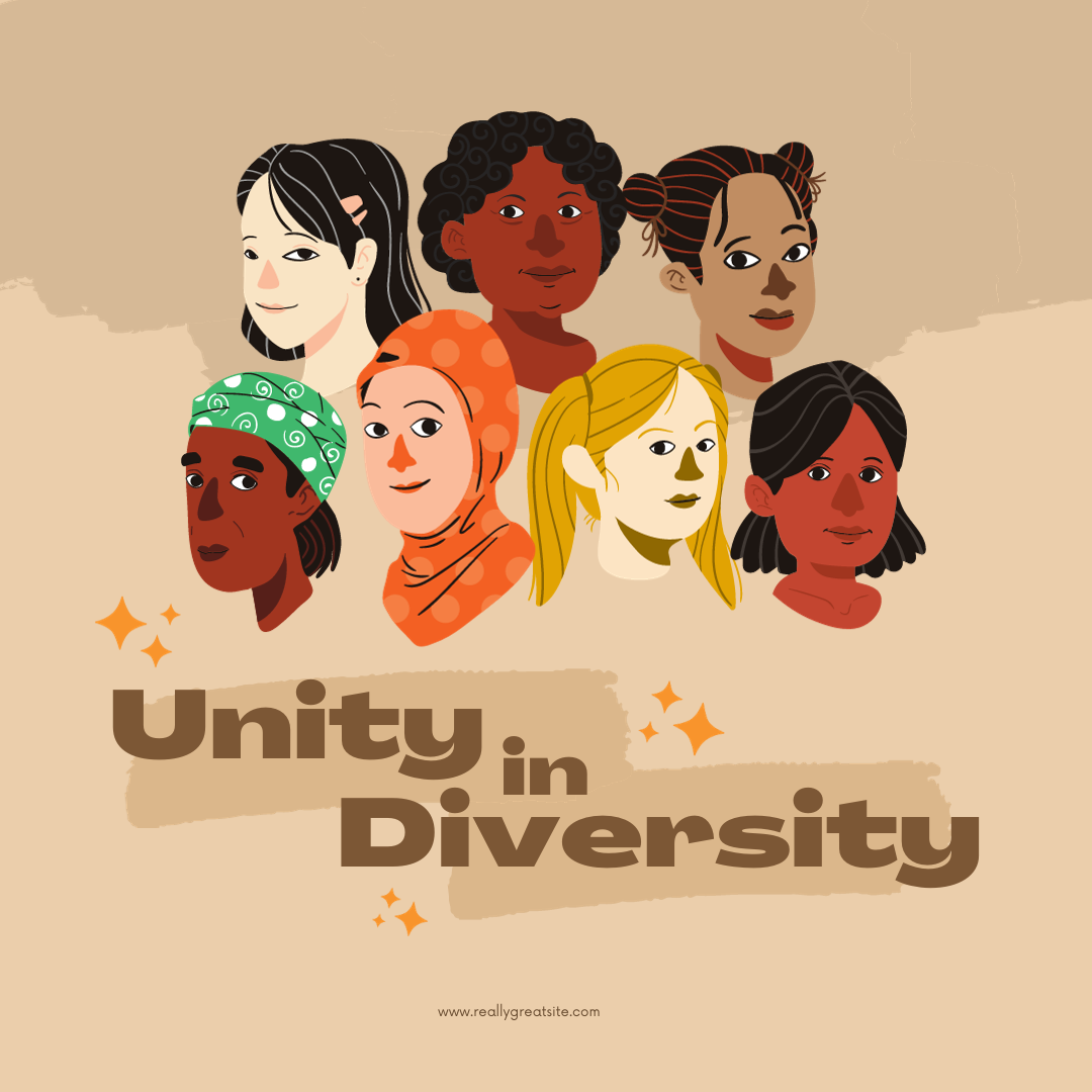 Image of 7 individuals of varying age, race, gender, sex, and religious orientations. Image is titled &quot;Unity in Diversity.&quot;